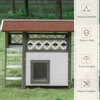 PawHut Casa para Gatos de Madeira 77x50x73cm Casa para Gatos com 2 Níveis com Teto Asfáltico Terraço Cercado Caverna e Escada para Interior e Exterior Branco e Cinza(m-6)