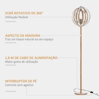 HOMCOM Candeeiro de Pé com Ecrã Giratório de 360° Interruptor de Pé LED E27 Máx. 40W Base de Madeira Candeeiro de Pé para Sala de Estar Dormitório Estúdio 38x38x160cm Natural(m-5)