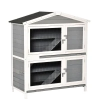PawHut klatka dla królika dwupoziomowa klatka dla królika z rampą lite drewno kolor jasnoszary 147 x 45,5 x 88,5 cm(m-1)