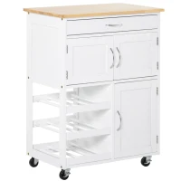 HOMCOM Carrinho de Cozinha com Rodas Carrinho de Cozinha com Gaveta 2 Armários de Armazenamento e 3 Prateleiras Abertas para 9 Garrafas para Sala de Jantar 67x37x87cm Branco(m-10)