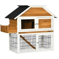PawHut Coelheira de Madeira de Exterior Gaiola para Coelhos de 2 Níveis com Teto Asfáltico Cerca de Metal Floreira para Cultivo Bandeja Removível Portas e Rampa 123x58x106cm Madeira(m-10)