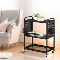 HOMCOM Carrinho de Cozinha com Rodas Carrinho de Armazenamento de 3 Níveis com 5 Ganchos 2 Cestas Alça de Transporte e Rodas com Freio para Casa de Banho Escritório Dormitório 70x33,4x80,5cm Preto(m-10)