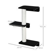 PawHut Árvore para Gatos de Parede com 3 Plataformas Almofada Removível e 2 Postes de Arranhar de Juta Torre para Escalar 63x28x93,5cm Preto e Bege(m-3)