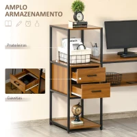 HOMCOM Secretária com Prateleiras Mesa de Computador com Múltiplas Prateleiras 2 Gavetas e Pés Ajustáveis para Escritório Estúdio 140x50x110cm Nogueira e Preto(m-4)