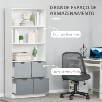 HOMCOM Estante de Livros com 4 Gavetas 3 Prateleiras de Armazenamento e Prateleira Ajustável Móvel Organizador para Escritório Sala de Estar Estúdio 76x30x173cm Branco e Cinza(m-5)