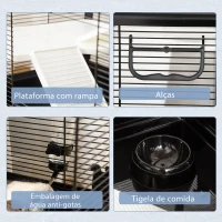 PawHut Gaiola Pequena para Roedores 80x48x58cm Gaiola para Hamster com 2 Portas 2 Rampas 2 Plataformas Comedouro e 2 Alças Portátil Preto(m-5)