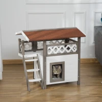 PawHut Casa para Gatos de Madeira 77x50x73cm Casa para Gatos com 2 Níveis com Teto Asfáltico Terraço Cercado Caverna e Escada para Interior e Exterior Branco e Cinza(m-10)