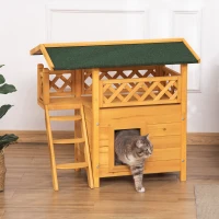 PawHut Casa para Gatos de Madeira 77x50x73cm Casa para Gatos com 2 Níveis com Teto Asfáltico Terraço Cercado Caverna e Escada para Interior e Exterior Madeira Natural(m-10)