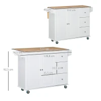 HOMCOM Carrinho de Cozinha com Rodas Carrinho de Cozinha com Bancada Rebatível 3 Gavetas 1 Armário com Prateleira Interior Ajustável e Suporte para Temperos 128,8x75,5x92,5cm Branco e Natural(m-3)