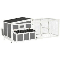 PawHut Galinheiro de Madeira para Exterior 225x147x85,5cm Gaiola para 6-8 Galinhas com Cerca de Metal Teto e Janela Rebatível 2 Ninhos Bandeja Removível e Rampa Cinza e Branco(m-11)