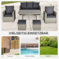 Komplet wypoczynkowy z technorattanu, 6-częściowy Zestaw mebli ogrodowych, komplet wypoczynkowy, sofa, taboret, szary(m-6)