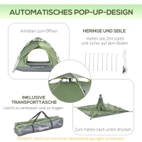 Outsunny Doppelzelt Campingzelt Outdoorzelt Familienzelt Quick-Up-Zelt 2 Erwachsene + 1 Kind 4 Jahreszeiten wasserdicht Tragetasche 2 Türen Polyester + Glasfaser Dunkelgrün 210 x 210 x 140 cm(m-6)
