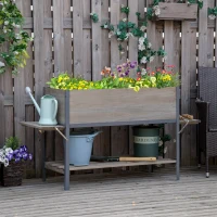 Outsunny Hochbeet Pflanzkasten mit 2 faltbaren Ablagen unterer Ablagefläche Blumenkasten Blumentopf Kräuterbeet Massivholz Hellgrau 140 x 46 x 75,5 cm(m-2)