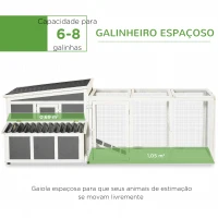 PawHut Galinheiro de Madeira para Exterior 225x147x85,5cm Gaiola para 6-8 Galinhas com Cerca de Metal Teto e Janela Rebatível 2 Ninhos Bandeja Removível e Rampa Cinza e Branco(m-4)