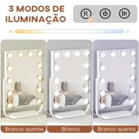 HOMCOM Espelho de Maquilhagem Espelho de Mesa com 12 Luzes LED 3 Temperaturas de Cores Ecrã Tátil Ajustável e Função de Memória para Dormitório Casa de Banho 32,8x11x47,4cm Branco(m-5)