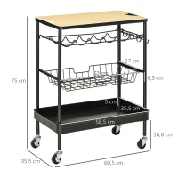 HOMCOM Carrinho de Cozinha com Rodas Carrinho de Cozinha Multiuso com Suporte para Garrafas Cesta Removível e 4 Ganchos para Sala de Jantar Sala de Estar 60,5x35,5x75cm Preto e Carvalho(m-3)
