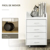 Vinsetto Bloco de Gavetas Móvel Auxiliar com 4 Gavetas Bancada Superior de Armazenamento 4 Rodas e 2 Freios para Estúdio Escritório 40x36x65cm Branco(m-5)