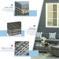 Outsunny Ensemble salon de jardin d'angle modulable 6 pièces 5 personnes résine tressée avec table basse plateau verre coussins rayés - gris(m-5)