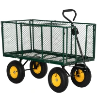 Outsunny Large 4 Wheel Heavy Duty Garden Cart Truck Trolley Wheelbarrow with Handle and Metal Frame - Green(m-14)