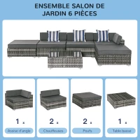 Outsunny Ensemble salon de jardin d'angle modulable 6 pièces 5 personnes résine tressée avec table basse plateau verre coussins rayés - gris(m-6)