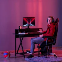 HOMCOM Racing Gaming Desk Carbon Fiber Style Computer Table with Elevated Monitor Shelf, Headphone Hook and Cup Holder, Black(m-1)