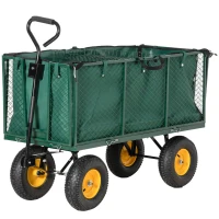 Outsunny Large 4 Wheel Heavy Duty Garden Cart Truck Trolley Wheelbarrow with Handle and Metal Frame - Green(m-1)