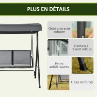 Outsunny Balancelle de Jardin 2 Places Grand Confort Toit Inclinaison réglable Assise et Dossier Ergonomique Acier époxy textilène Gris(m-6)