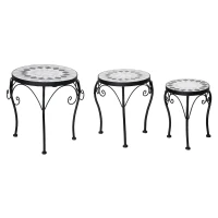 Zestaw 3 stojaków na rośliny Outsunny Stojak na rośliny Stołek do kwiatów Uchwyt na doniczkę Stołek na doniczkę Płytki ceramiczne Metal Czarny + biały(m-1)