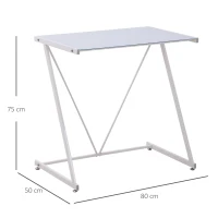 HOMCOM Secretária com Bancada de Vidro Temperado e Pés Ajustáveis Estilo Moderno para Escritório Estúdio Dormitório Carga Máxima 80kg 80x50x75cm Branco(m-3)