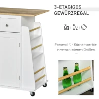 keukenwagen met wielen, serveerwagen, keukenkast met kruidenrek, rubberboomhout, wit(m-6)