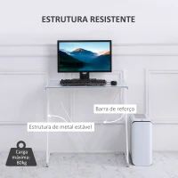 HOMCOM Secretária com Bancada de Vidro Temperado e Pés Ajustáveis Estilo Moderno para Escritório Estúdio Dormitório Carga Máxima 80kg 80x50x75cm Branco(m-4)