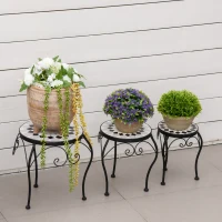 Zestaw 3 stojaków na rośliny Outsunny Stojak na rośliny Stołek do kwiatów Uchwyt na doniczkę Stołek na doniczkę Płytki ceramiczne Metal Czarny + biały(m-10)