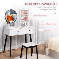 HOMCOM Toucador de Maquilhagem com Banquinho Espelho Redondo 2 Gavetas de Armazenamento e 3 Prateleiras Mesa de Maquilhagem para Dormitório 80x42x131cm Branco e Preto(m-4)