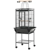 PawHut Gaiola para Pássaros com Suporte e Rodas 62,5x62,5x156cm Gaiola Metálica para Aves com Ponte de Arco 2 Poleiros 4 Comedouros 2 Bandejas Removíveis e Prateleira Inferior Cinza(m-9)