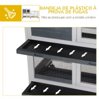 PawHut Coelheira de Madeira com Rodas 147x45,5x88,5cm Gaiola para Coelhos de 2 Níveis com Teto Abatível 2 Cercados de Metal 3 Bandejas Removíveis 3 Portas com Trava e Rampa Cinza(m-6)