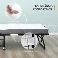 HOMCOM Cama Dobrável 200x75x42,5cm Cama de Campismo Portátil com Colchão Individual Rodas e Freios Carga Máxima 150kg para Dormitórios Branco(m-6)
