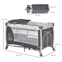 HOMCOM Berço de Viagem Dobrável para Bebés e Crianças até 15kg com 2 Rodas e Bolso Lateral Berço Portátil com Bolsa de Transporte 124x66x77,5cm Cinza(m-3)