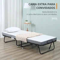 HOMCOM Cama Dobrável 200x75x42,5cm Cama de Campismo Portátil com Colchão Individual Rodas e Freios Carga Máxima 150kg para Dormitórios Branco(m-4)