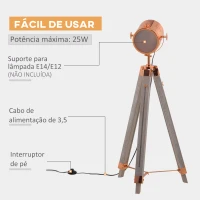 HOMCOM Candeeiro de Pé com Tripé de Madeira Suporte para Lâmpada E14 Máx. 25W IP20 Altura Ajustável Interruptor de Pé Candeeiro de Pé para Sala de Estar Dormitório Escritório Ø65x100-140cm Madeira Envelhecida e Ouro Rosa(m-8)