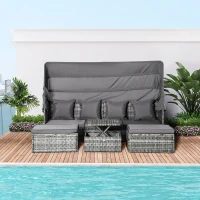 Outsunny 4 Piece Outdoor Rattan Wicker Sofa Set Adjustable Conopy & Coffee Table Sectional Patio Conversation Furniture Set w/ Cushions Grey(m-12)