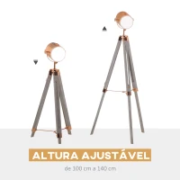 HOMCOM Candeeiro de Pé com Tripé de Madeira Suporte para Lâmpada E14 Máx. 25W IP20 Altura Ajustável Interruptor de Pé Candeeiro de Pé para Sala de Estar Dormitório Escritório Ø65x100-140cm Madeira Envelhecida e Ouro Rosa(m-5)