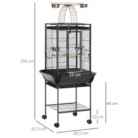 PawHut Gaiola para Pássaros com Suporte e Rodas 62,5x62,5x156cm Gaiola Metálica para Aves com Ponte de Arco 2 Poleiros 4 Comedouros 2 Bandejas Removíveis e Prateleira Inferior Cinza(m-3)