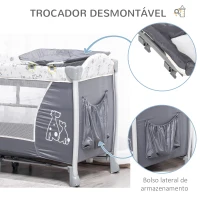 HOMCOM Berço de Viagem Dobrável para Bebés e Crianças até 15kg com 2 Rodas e Bolso Lateral Berço Portátil com Bolsa de Transporte 124x66x77,5cm Cinza(m-5)