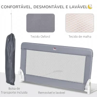 HOMCOM Barreira de Segurança de Cama para Crianças 120cm com Corda Ajustável Barreira para Camas com Tecido Removível e Lavável Proteção Antiquedas 120x28x60cm Cinza(m-6)