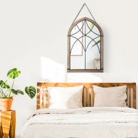 HOMCOM Espelho de Parede de Madeira 93x60cm Espelho Decorativo com 2 Ganchos Estilo Vintage para Sala de Estar Dormitório Entrada Marrom(m-5)