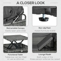 Outsunny 4 Piece Outdoor Rattan Wicker Sofa Set Adjustable Conopy & Coffee Table Sectional Patio Conversation Furniture Set w/ Cushions Grey(m-5)