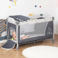 HOMCOM Berço de Viagem Dobrável para Bebés e Crianças até 15kg com 2 Rodas e Bolso Lateral Berço Portátil com Bolsa de Transporte 124x66x77,5cm Cinza(m-2)