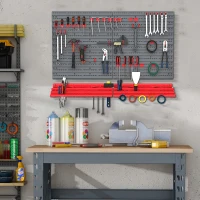 DURHAND Estante de Parede com Sistema de Armazenamento 95,5x23x53,5cm Suporte para Ferramentas com 54 Peças 50 Ganchos para Oficina Garagens Vermelho e Cinza(m-2)