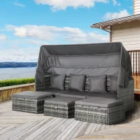 Outsunny 4 Piece Outdoor Rattan Wicker Sofa Set Adjustable Conopy & Coffee Table Sectional Patio Conversation Furniture Set w/ Cushions Grey(m-2)
