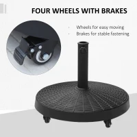 Outsunny 22.7kg Resin Patio Parasol Base Umbrella Stand Weight Deck Garden Sunshade Holder Round w/ Wheels Brakes Outdoor(m-6)